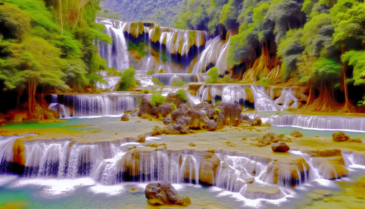alt_text: A vibrant landscape with waterfalls and rich architecture invites adventure in lesser-known Asia.