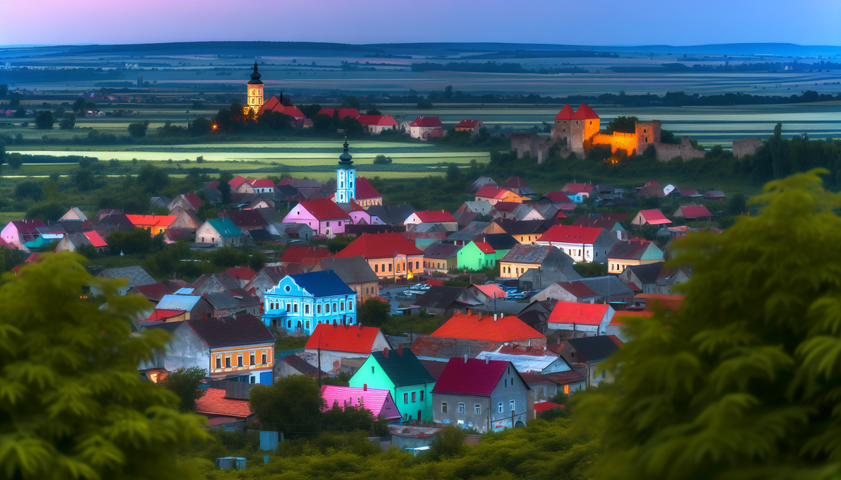 alt_text: A charming Eastern European village with colorful houses, a castle, and lush landscapes at sunset.