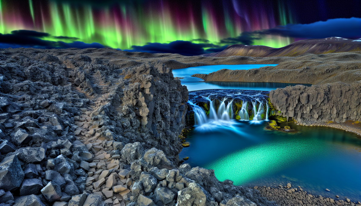 alt_text: A hidden Icelandic waterfall, turquoise lagoon, and Northern Lights invite exploration in nature's beauty.