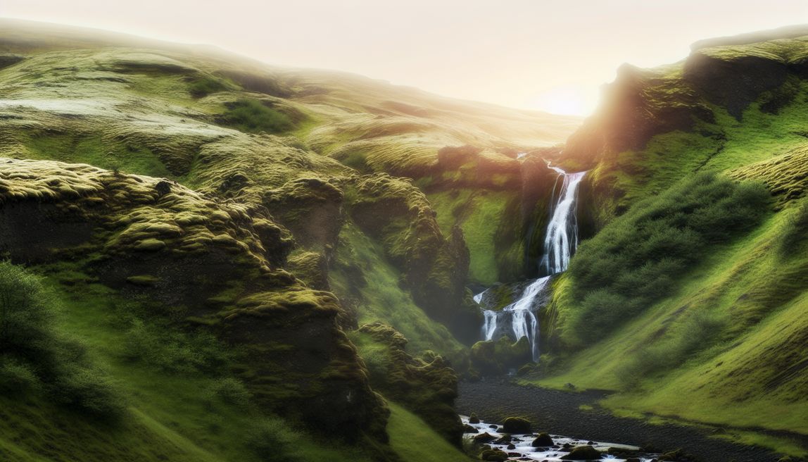 alt_text: A magical Icelandic landscape with a hidden waterfall, lush terrain, and soft sunrise colors.