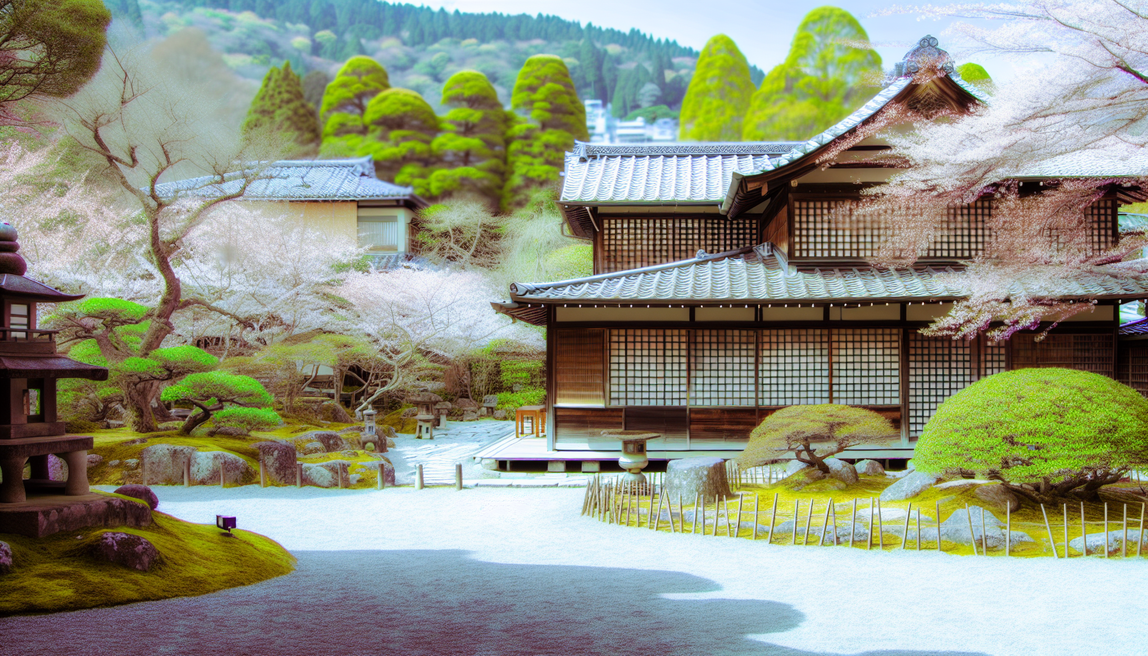 Alt text: A serene Kyoto scene with a tea house, cherry blossoms, and a tranquil Zen garden inviting exploration.