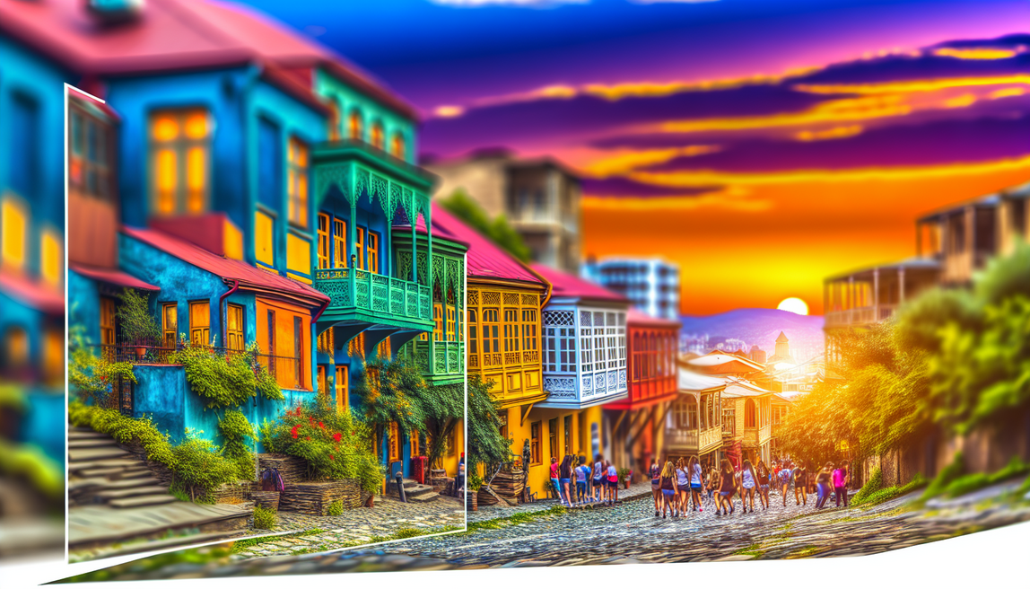 alt_text: Vibrant Tbilisi streets at sunset, showcasing colorful balconies, cobblestones, and travelers exploring.