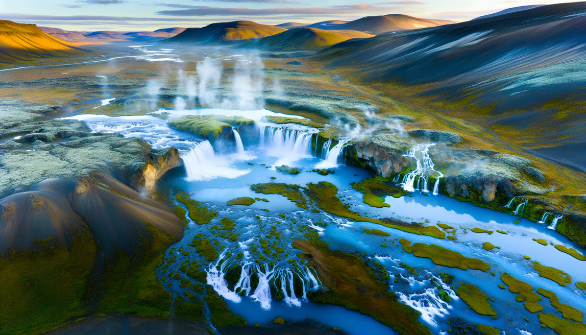alt_text: A breathtaking Icelandic landscape with waterfalls, geothermal springs, and wildlife at dawn.