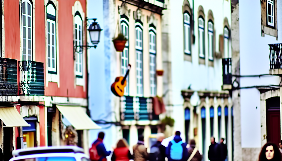 alt_text: A vibrant Lisbon street with historic buildings, Fado music, and locals enjoying pastel de nata.