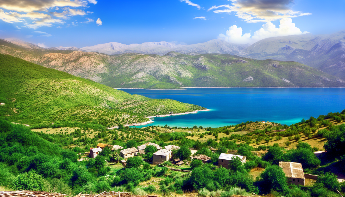 alt_text: A picturesque Albanian landscape with mountains, coast, and a traditional village, inviting exploration.