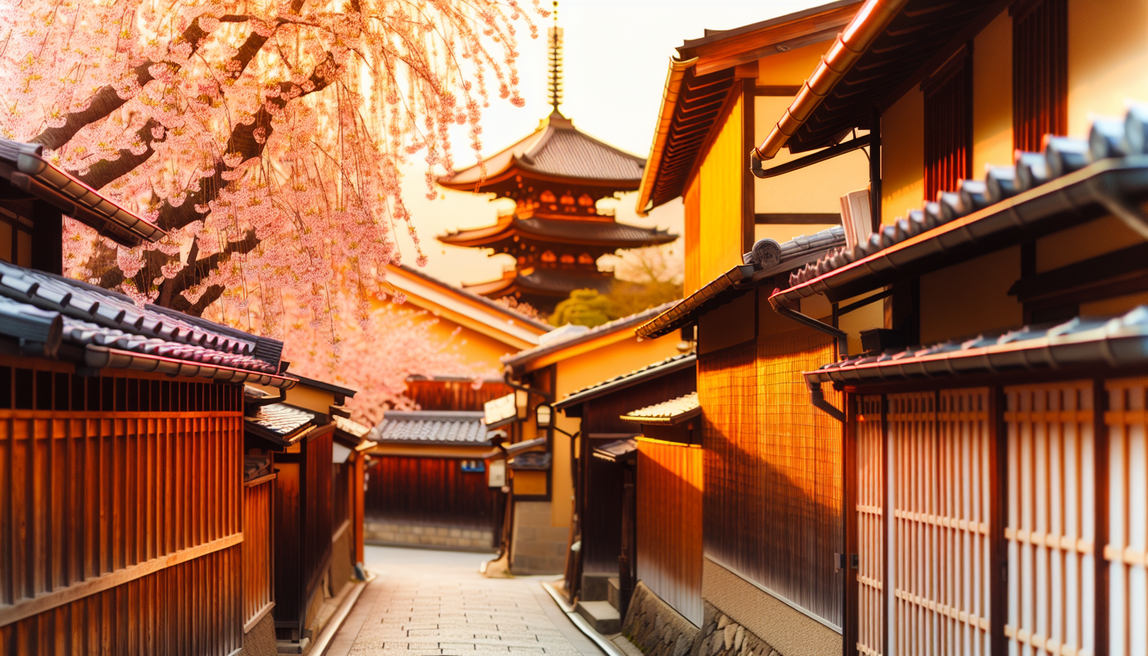 **alt_text:** A serene Kyoto street with wooden houses, cherry blossoms, and a pagoda at sunset, inviting exploration.