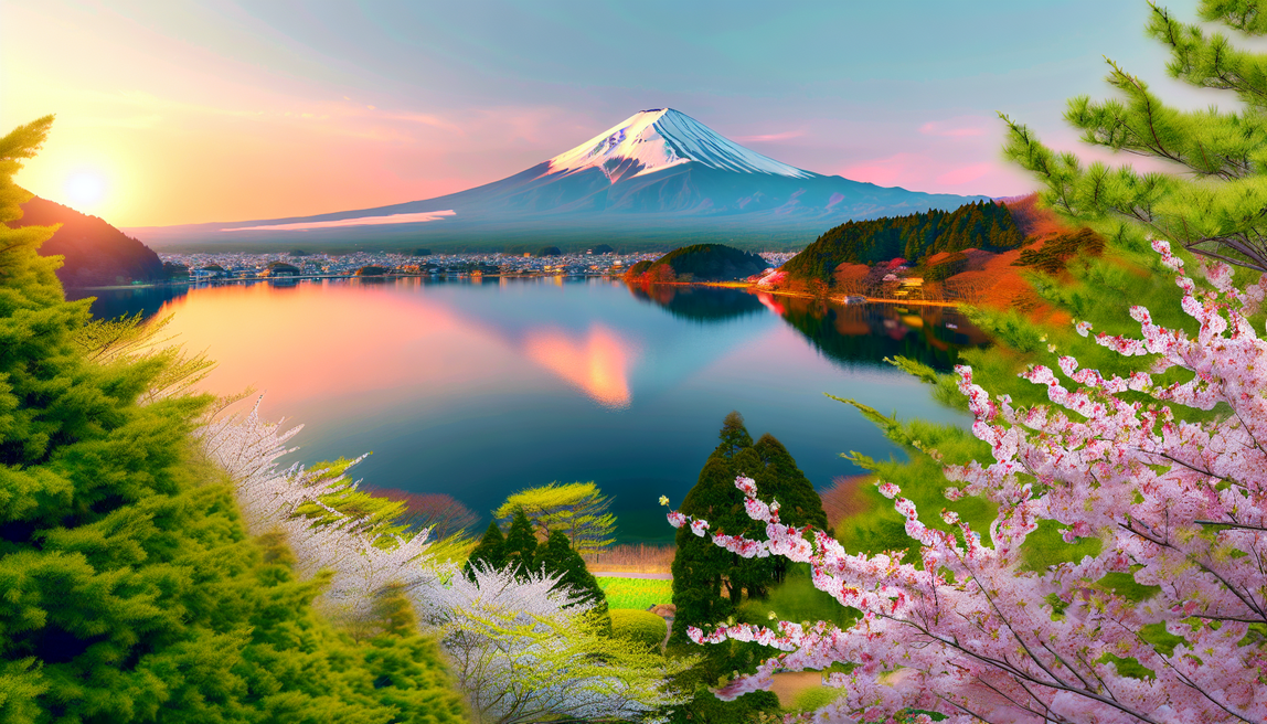 alt_text: Tranquil Kawaguchi Lake at sunset, framed by Mt. Fuji, greenery, and cherry blossoms, evoking serenity.