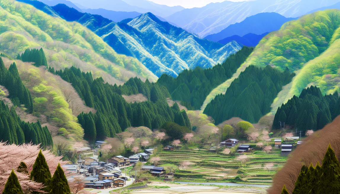 alt_text: A serene Japanese landscape featuring lush mountains, villages, and cherry blossoms for a travel guide.