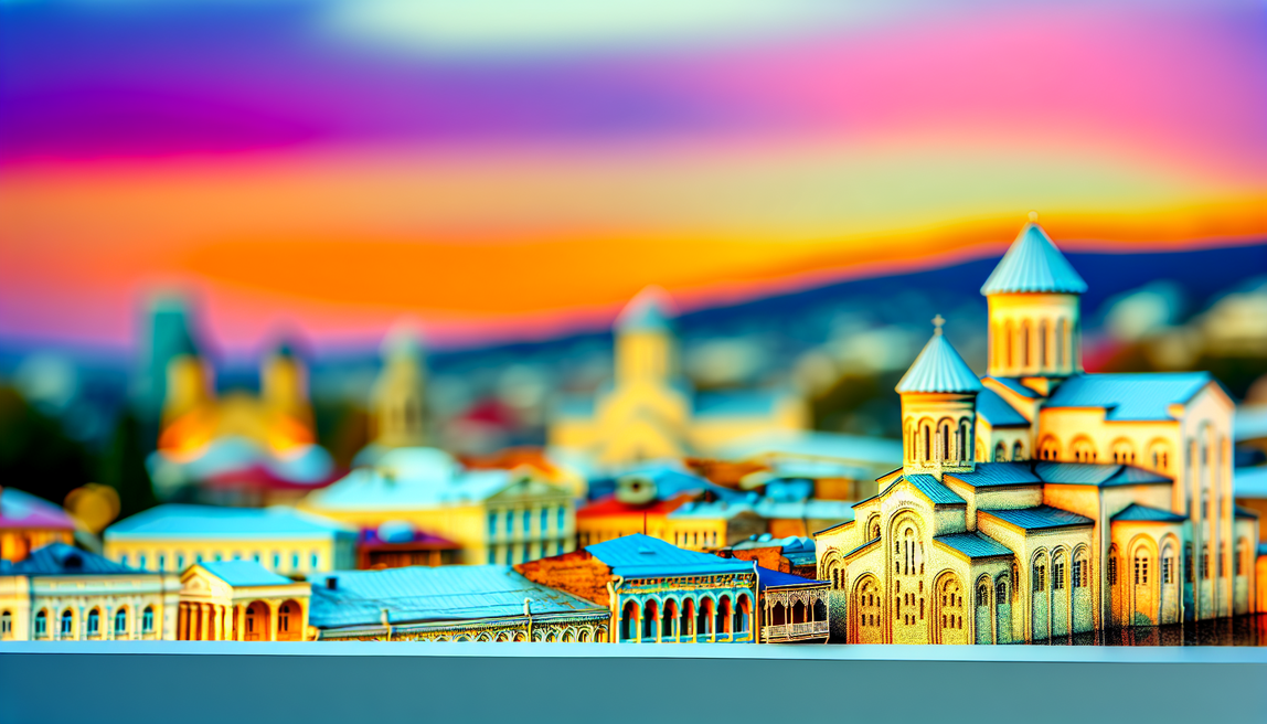 alt_text: "A vibrant Tbilisi skyline at sunset, blending history and modernity, with cultural motifs and charming details."