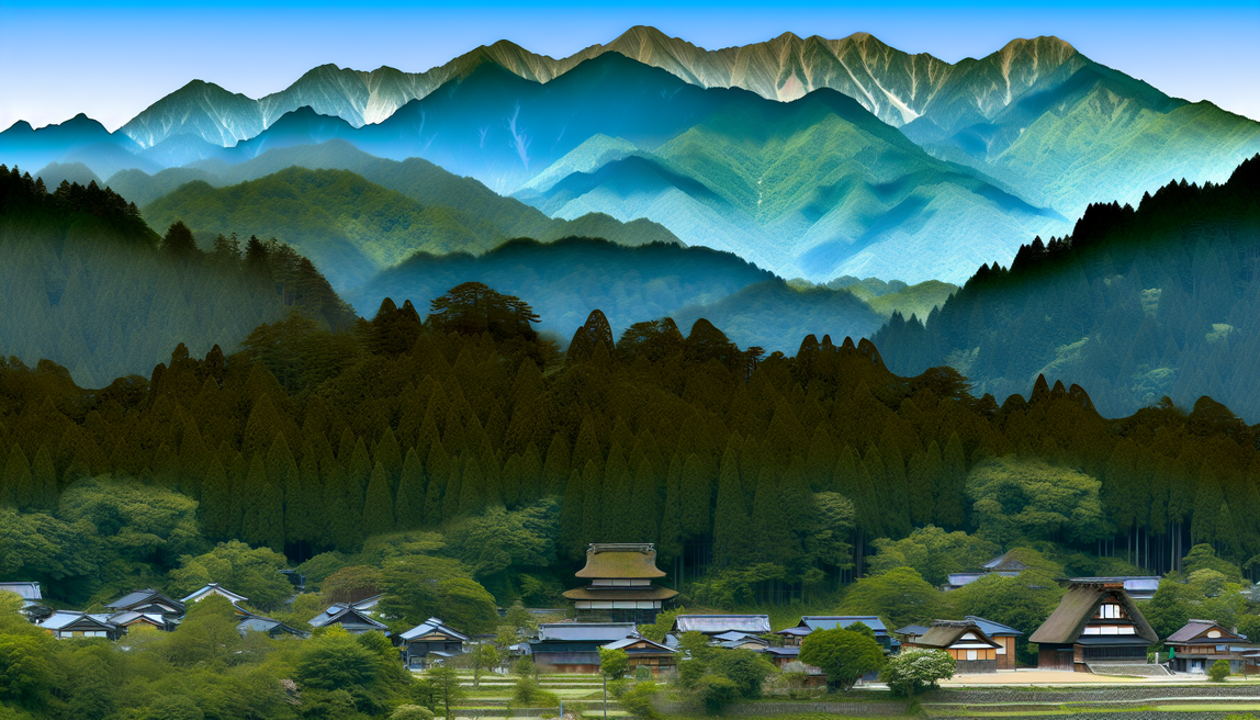 alt_text: A serene Japanese landscape with mountains, forests, and a village, inviting off-the-beaten-path exploration.