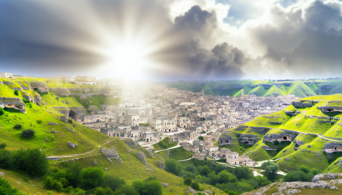 alt_text: A stunning cover of Matera, showcasing cave dwellings, lush hills, and local culture in sunlight.
