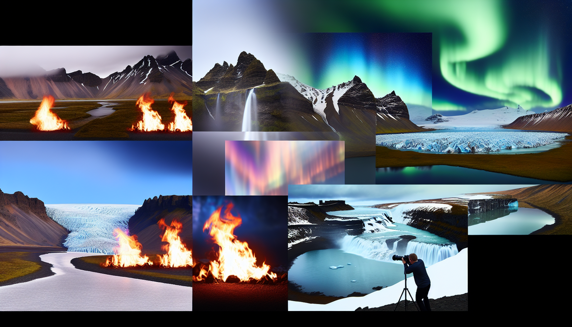 **alt_text:** Stunning Icelandic landscapes with mountains, glaciers, waterfalls, and Northern Lights for a travel book.