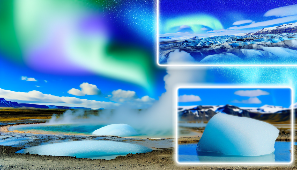 alt_text: A stunning book cover showcasing Iceland's geysers, glaciers, and Northern Lights in vibrant colors.