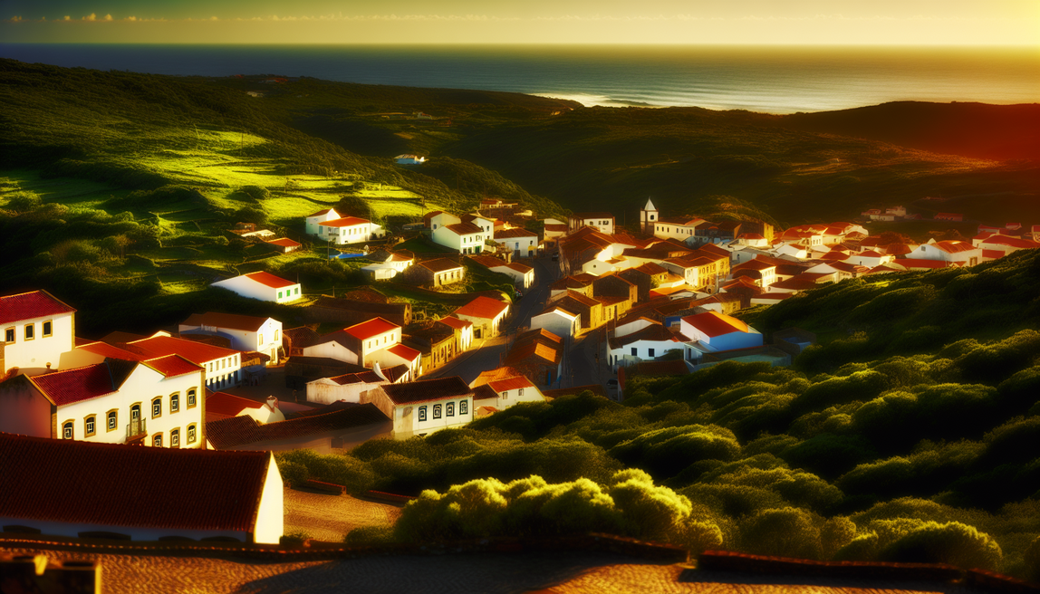 alt_text: A picturesque Portuguese village at sunset, showcasing green hills, cobblestone streets, and ocean waves.
