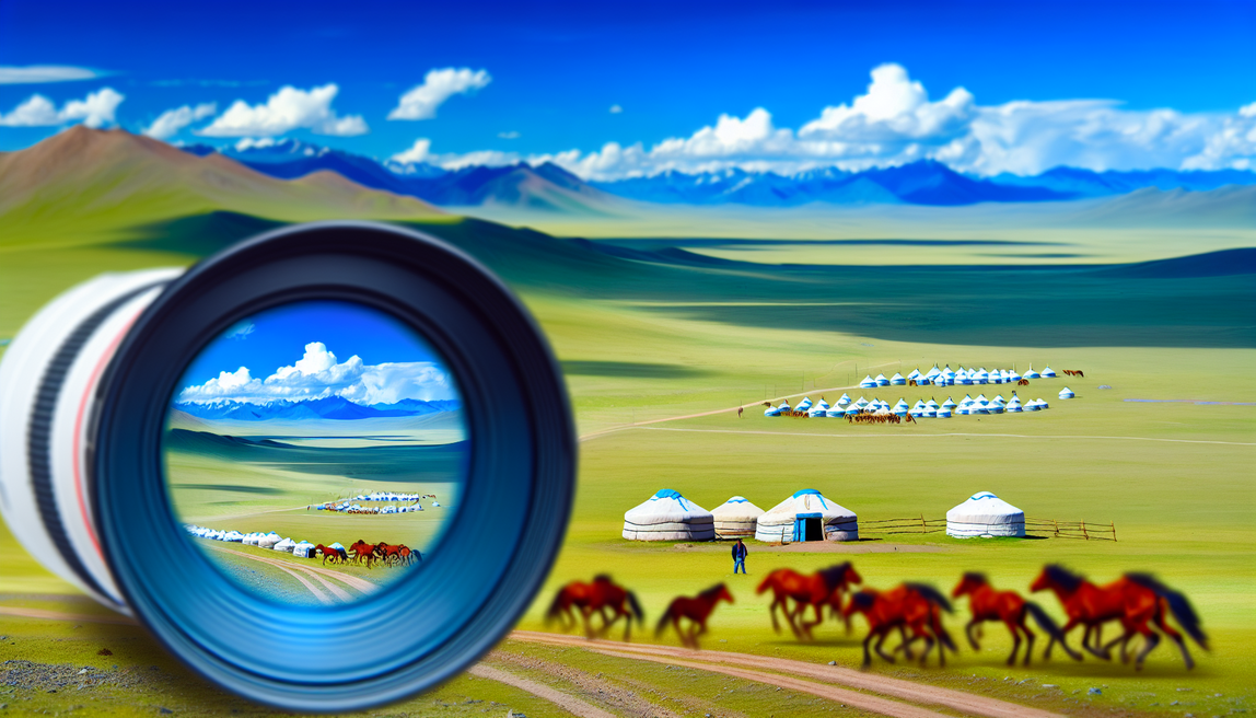 alt_text: A breathtaking Mongolian landscape with wild horses, yurts, and a lone traveler under a blue sky.