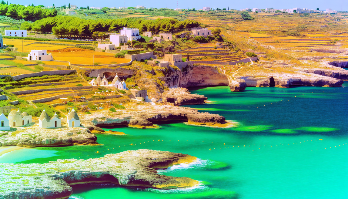 alt_text: A vibrant Puglia coastline, showcasing cliffs, seafood, trulli houses, and warm sunlight for travel.