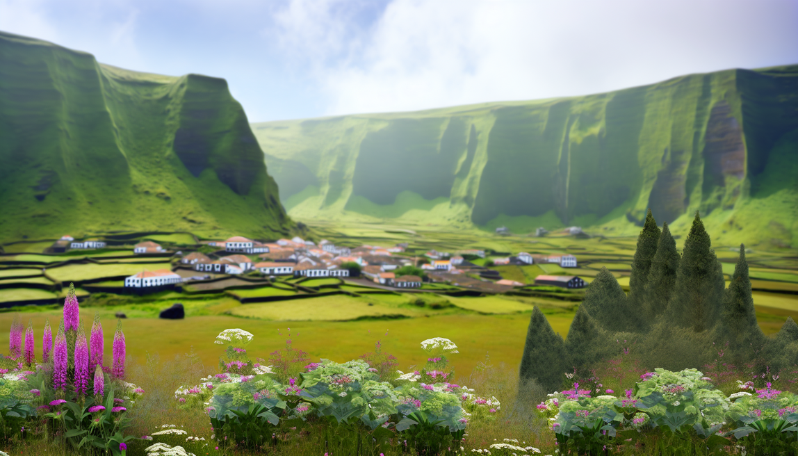 alt_text: Lush Azores landscape featuring cliffs, wildflowers, and a charming village, exuding tranquility.