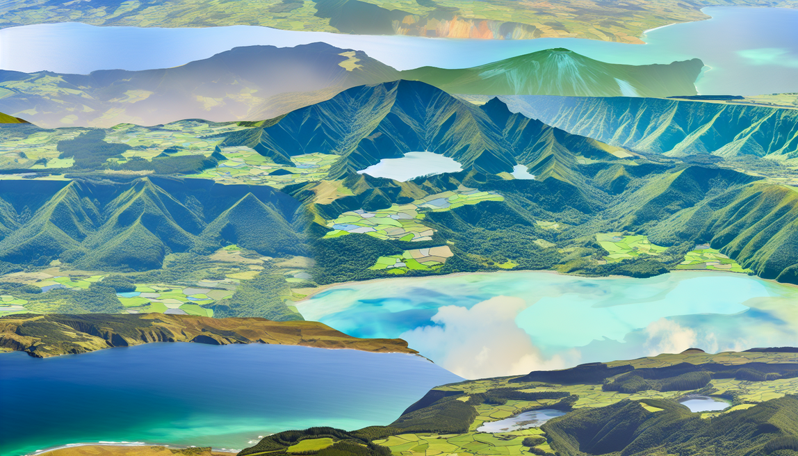 alt_text: A stunning Azores landscape with lush greenery, craters, lakes, and vibrant coastal views.