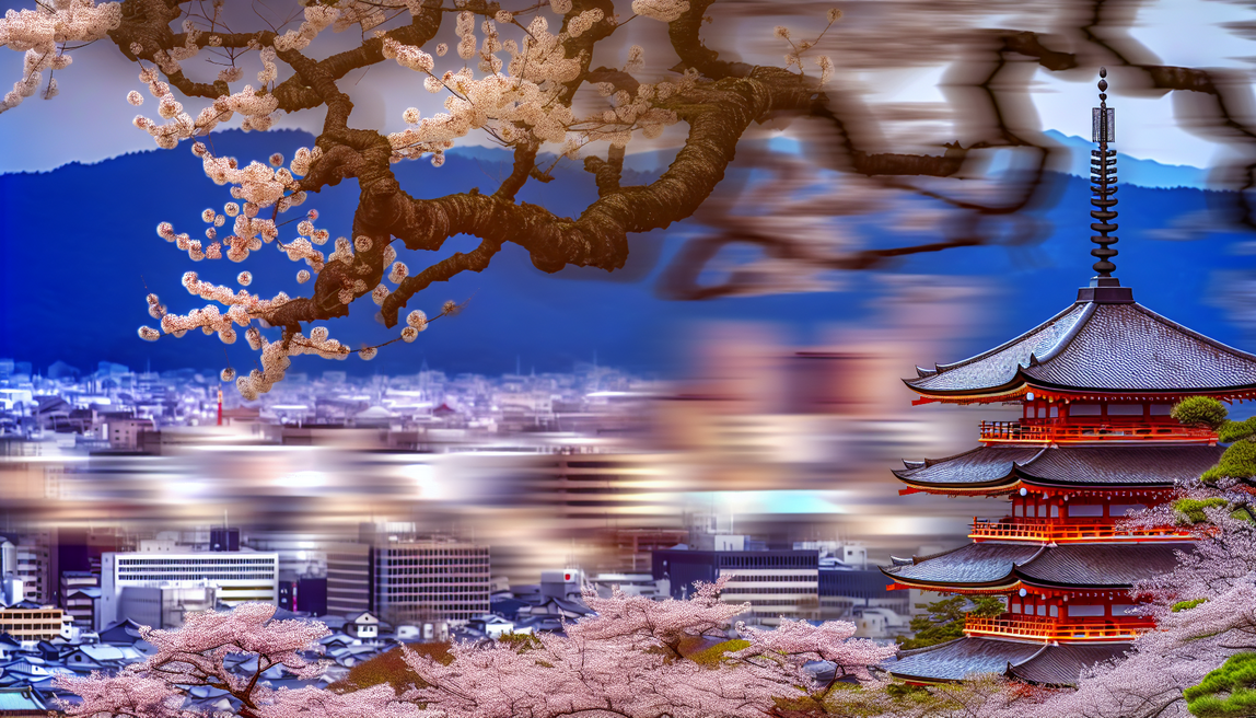 alt_text: "A harmonious blend of Kyoto's ancient temples, cherry blossoms, and vibrant modern skyline."