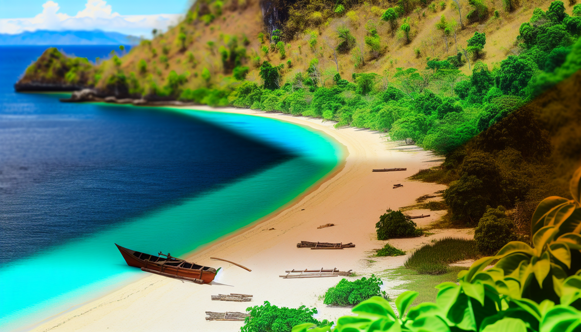 alt_text: A serene Indonesian beach with turquoise waters, a wooden boat, and vibrant wildlife for an adventure.