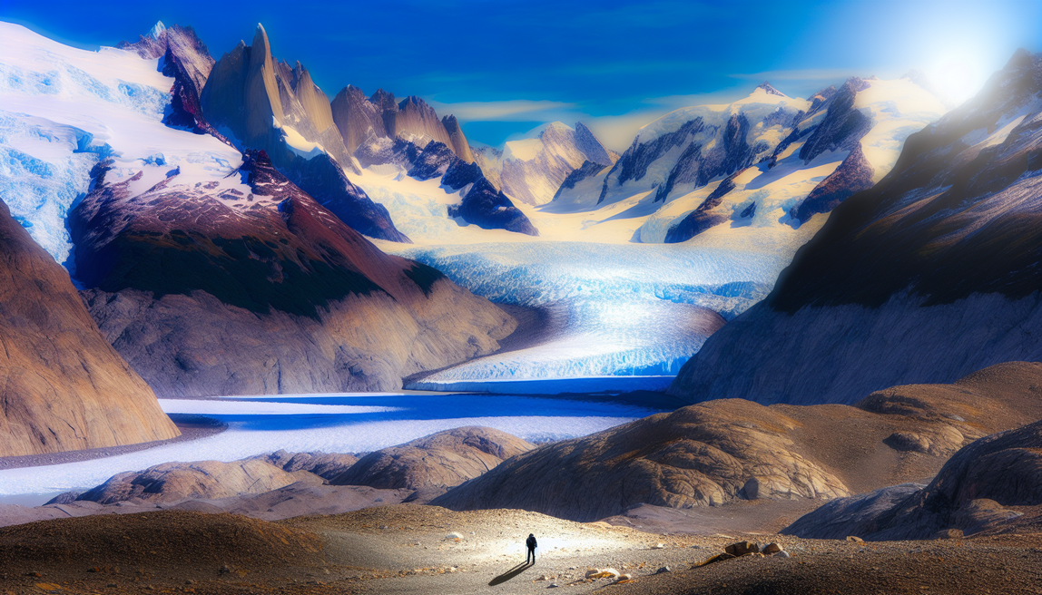alt_text: Stunning Patagonia landscape with mountains, glaciers, and a hiker, embodying adventure and beauty.