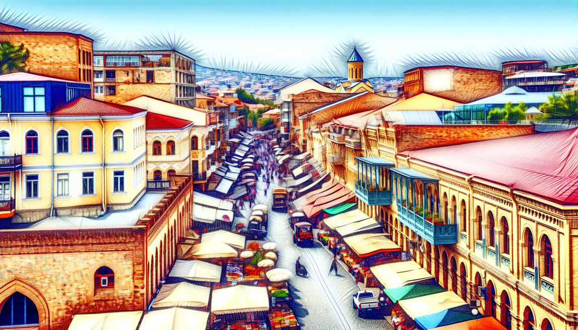 alt_text: Vibrant cover of Tbilisi featuring its streets, architecture, markets, and iconic landmarks.