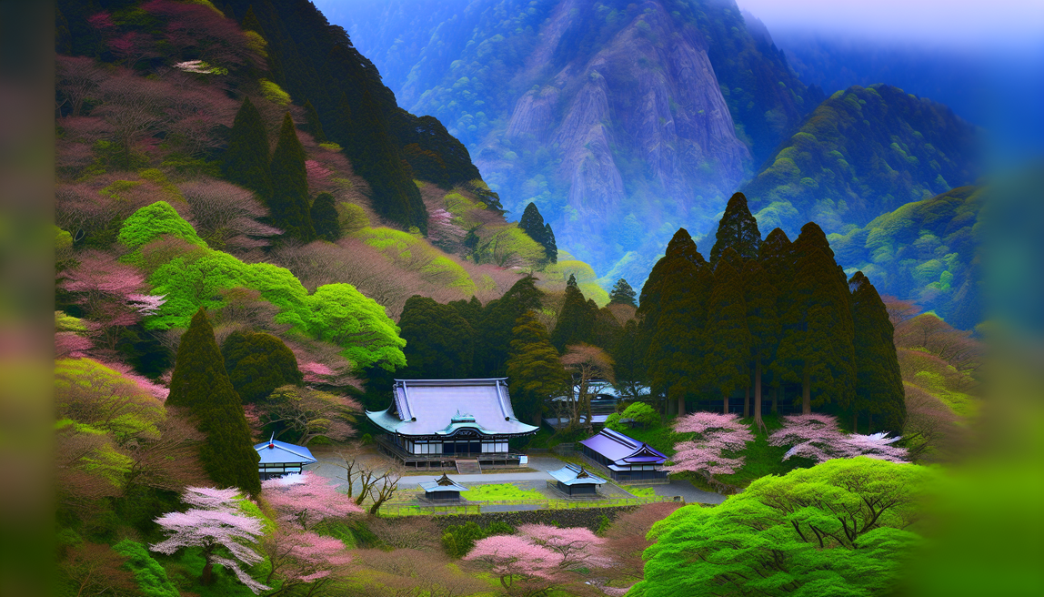 alt_text: A serene Japanese temple amidst lush nature, cherry blossoms, and misty mountains, inviting exploration.