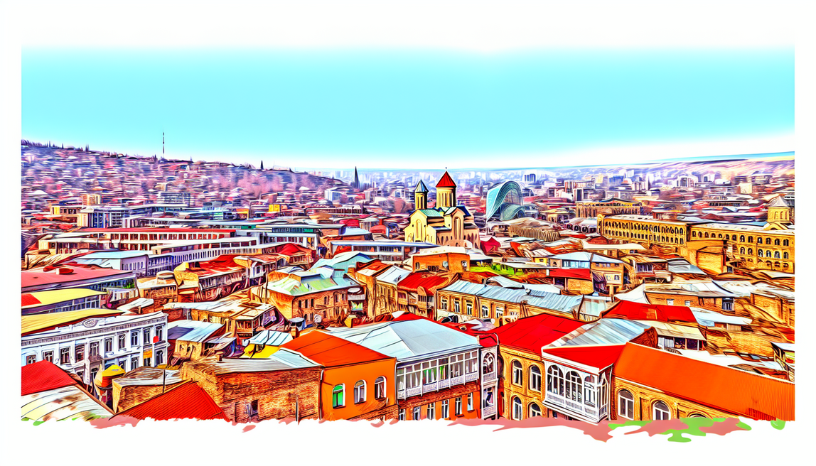 alt_text: A vibrant panoramic view of Tbilisi, showcasing colorful architecture, historic landmarks, and lively streets.