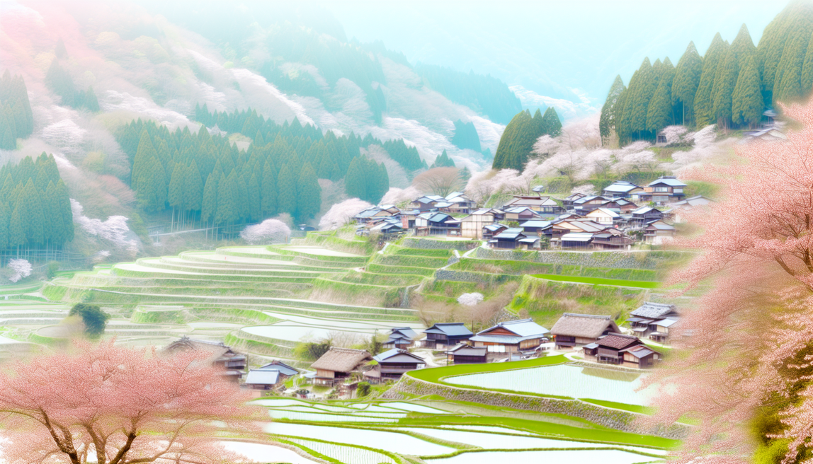 alt_text: Serene Japan landscape with rice terraces, traditional villages, and cherry blossoms for a travel book.