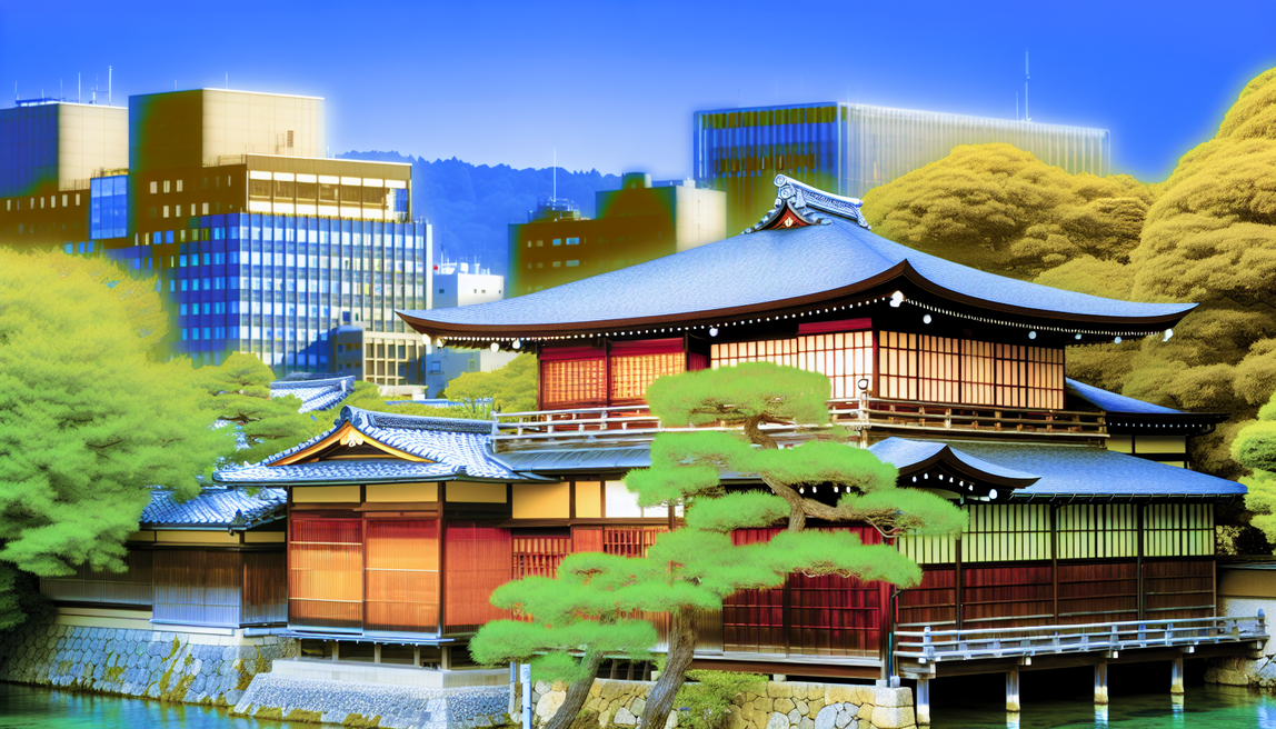alt_text: A vibrant image blending Kyoto's traditional tea house and modern architecture, showcasing cultural harmony.