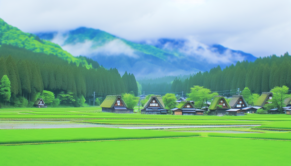 alt_text: A serene Japanese landscape with rice fields, wooden farmhouses, and misty mountains invites exploration.
