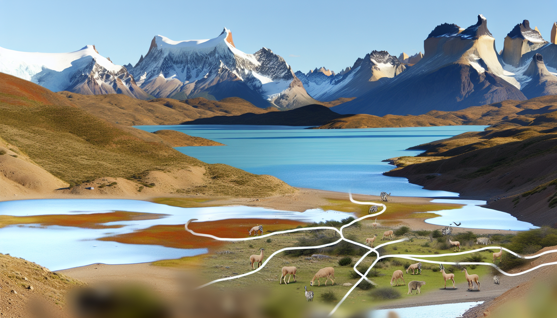 alt_text: A breathtaking Patagonia landscape with mountains, lakes, wildlife, and a winding trail invites adventure.