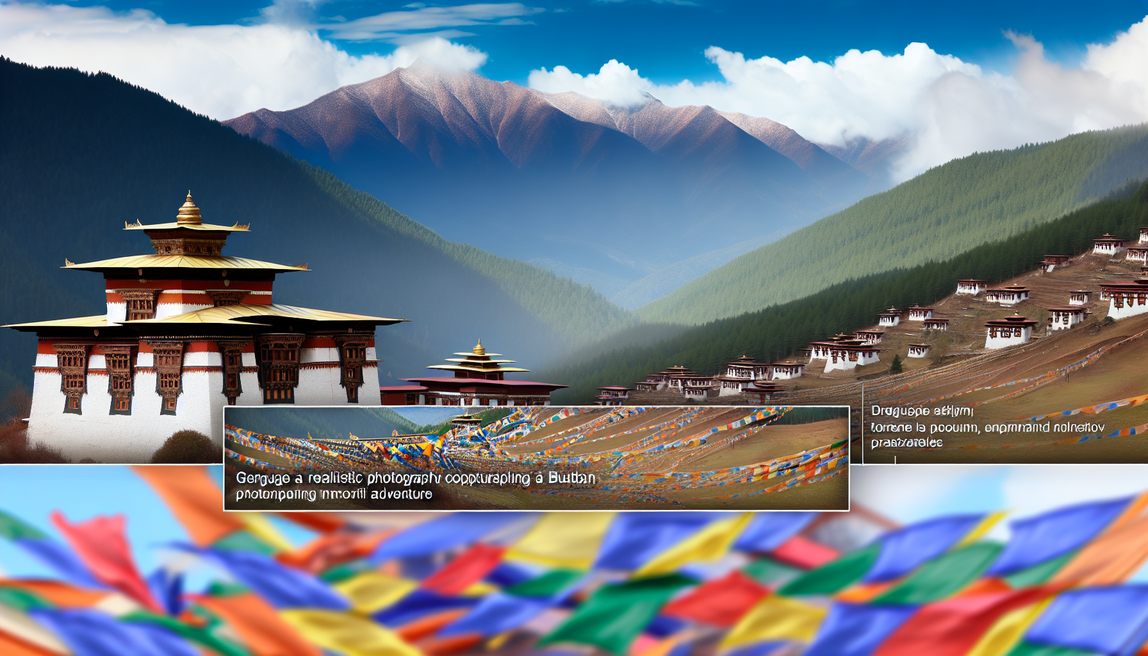 alt_text: Majestic Bhutanese landscape with mountains, dzongs, prayer flags, and monasteries; vibrant adventure.