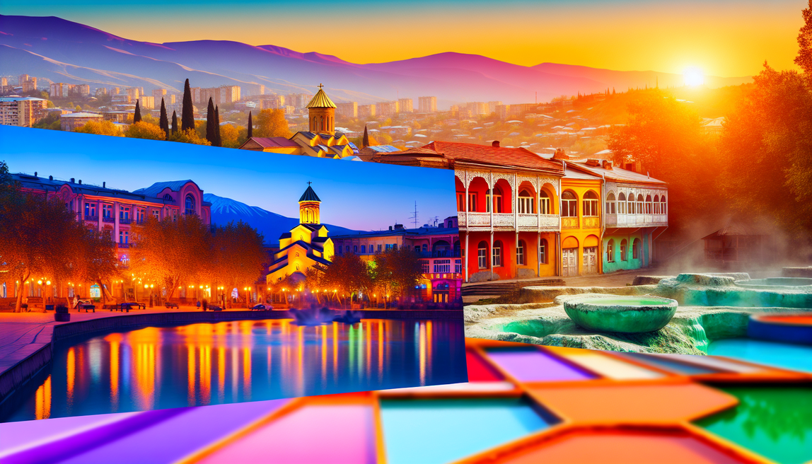 alt_text: A vibrant Tbilisi scene with colorful architecture, sulfur baths, and Caucasus Mountains at sunset.