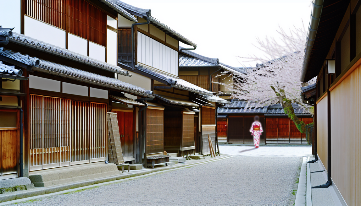 alt_text: A serene Kyoto street with traditional houses, cherry blossoms, and a kimono-clad figure, beautifully illuminated.