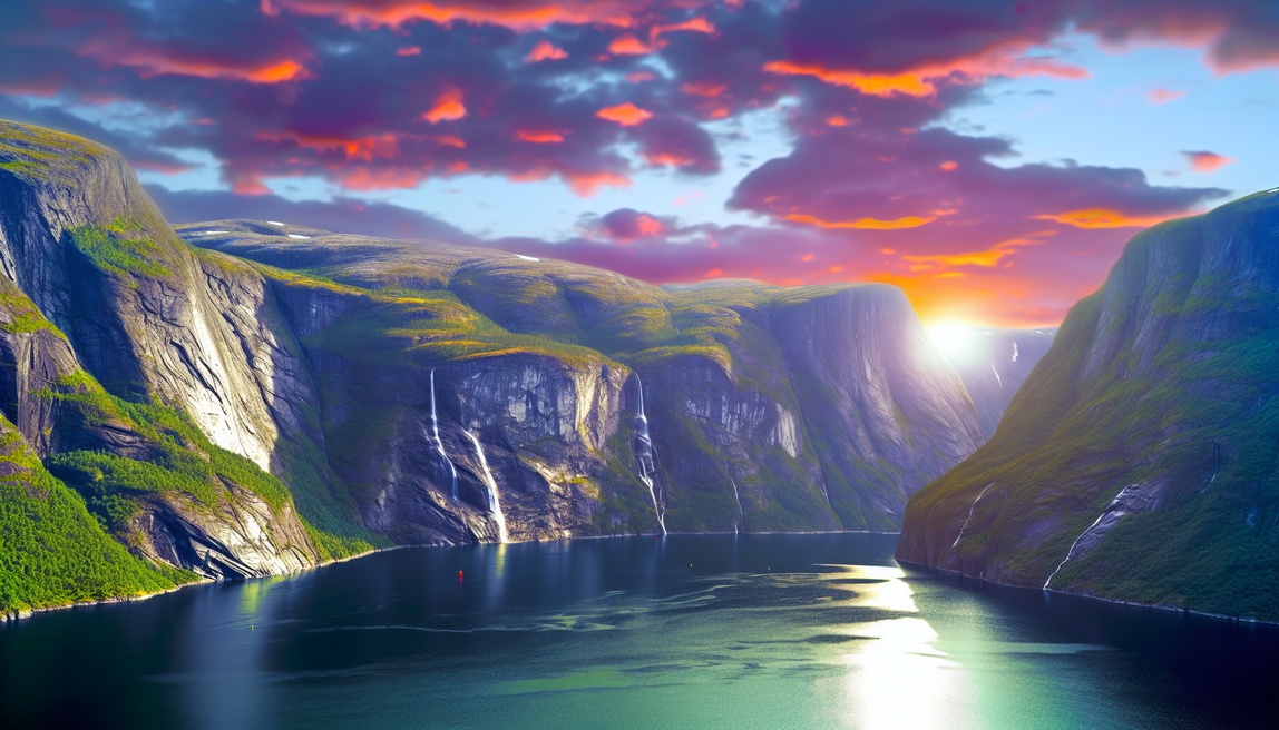alt_text: A stunning Norwegian fjord landscape with cliffs, waterfalls, and a sunset, inviting exploration.