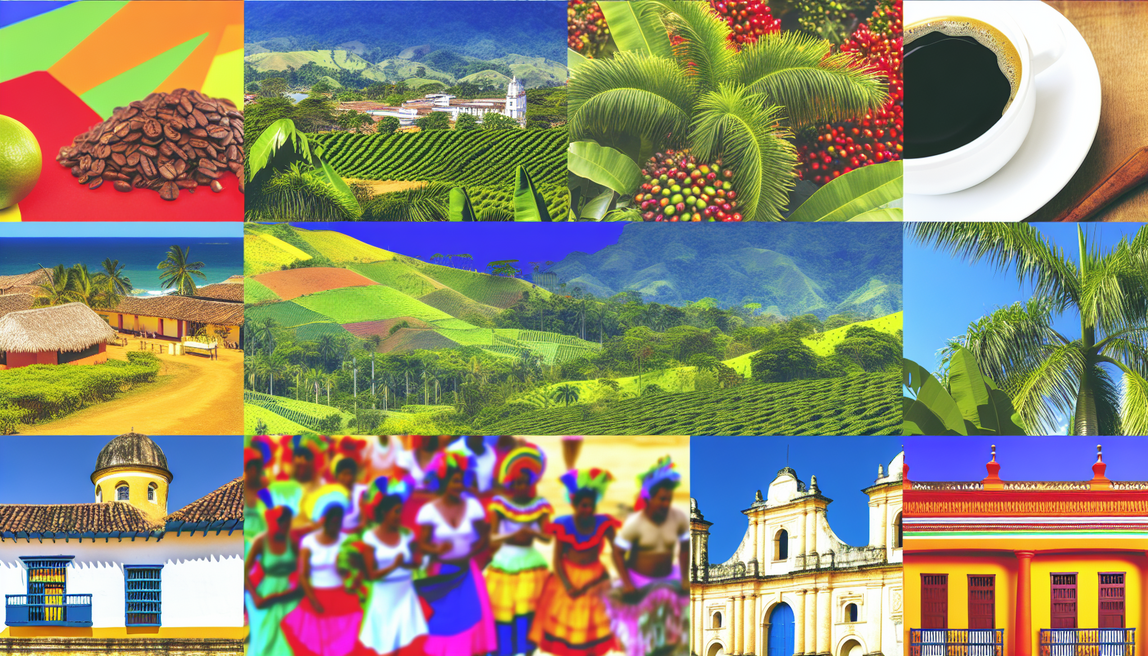 alt_text: A vibrant collage of Colombia's landscapes showcasing coffee plantations, Cartagena, beaches, and culture.