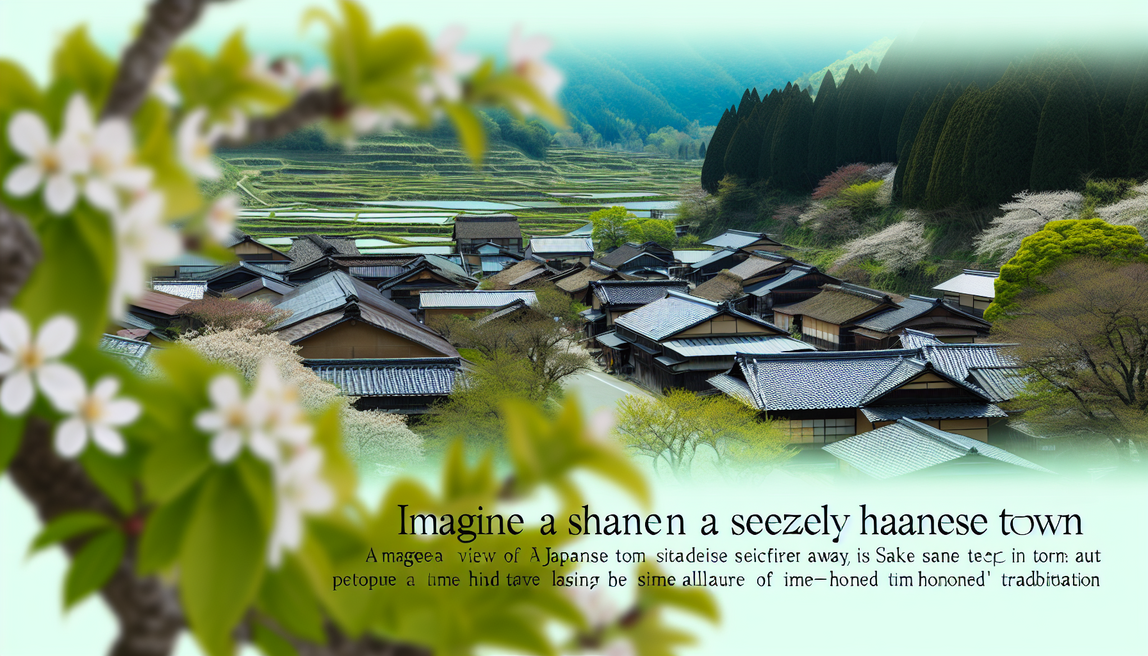 "Discover serene Japanese towns, sake breweries, and traditional beauty amidst lush landscapes and blossoms."