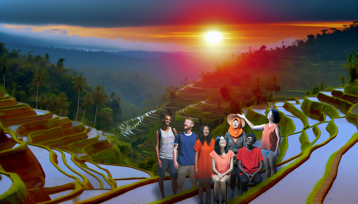 alt_text: "Diverse travelers enjoy Bali's rice terraces at sunset, embracing eco-friendly practices and nature."