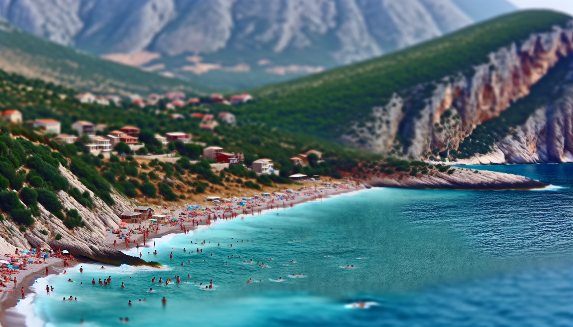 **alt_text**: Beautiful Albanian coastline with turquoise waters, cliffs, beachgoers, and fishing villages.