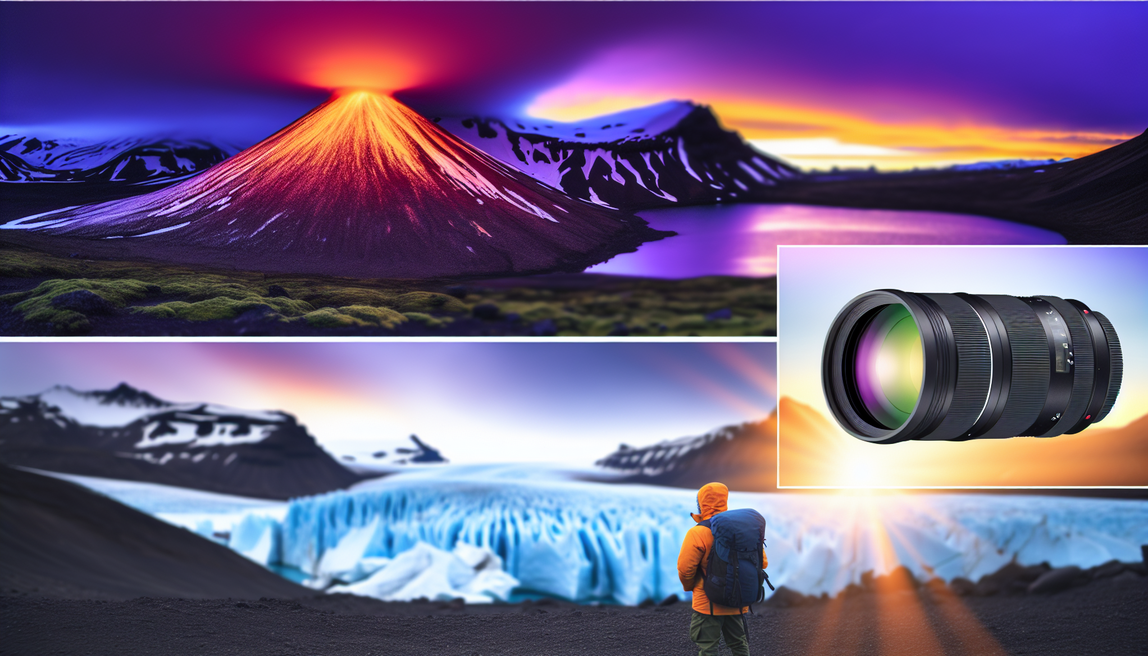 "Adventurer gazes at Iceland's fiery volcano and icy glacier, captured under a colorful dusk sky."