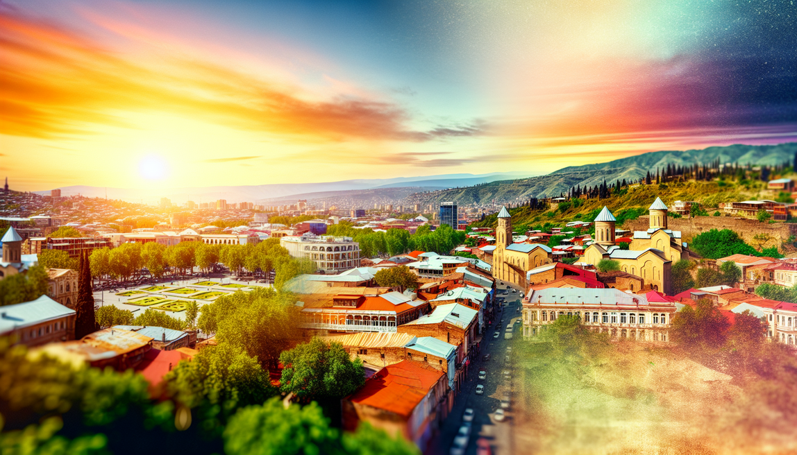 alt_text: A vibrant cover showcasing Tbilisi's cityscape and serene Georgia countryside at sunset.
