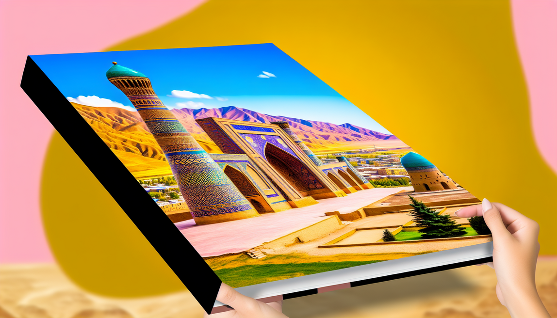 alt_text: A vibrant travel book cover featuring Uzbekistan's iconic architecture, landscapes, and culture.