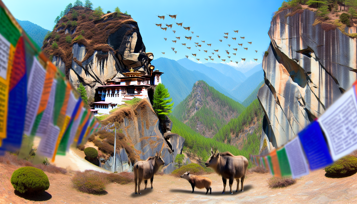 alt_text: A stunning cover showcasing Bhutan's landscapes, featuring Tiger's Nest, prayer flags, and wildlife.