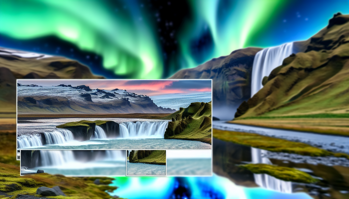 alt_text: Stunning panoramic view of Iceland's landscapes, featuring waterfalls, glaciers, and northern lights.