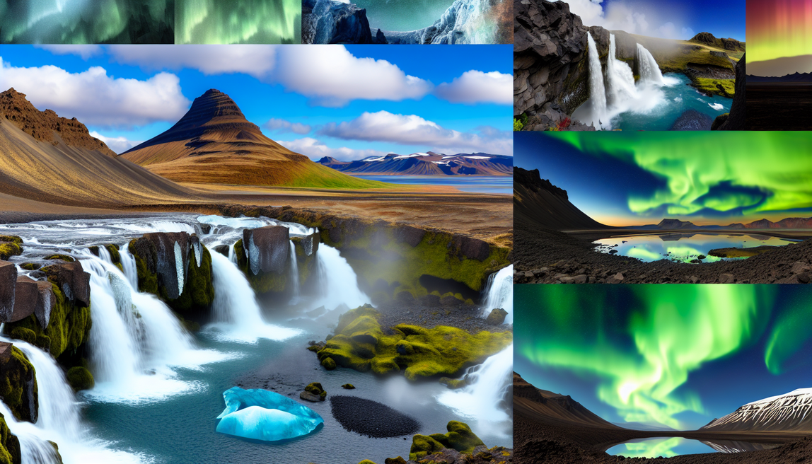 alt_text: Breathtaking Icelandic landscape with waterfalls, volcanoes, glaciers, and vibrant aurora borealis.