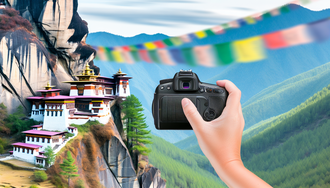 alt_text: A serene Bhutanese landscape with mountains, Tiger’s Nest Monastery, and vibrant prayer flags.