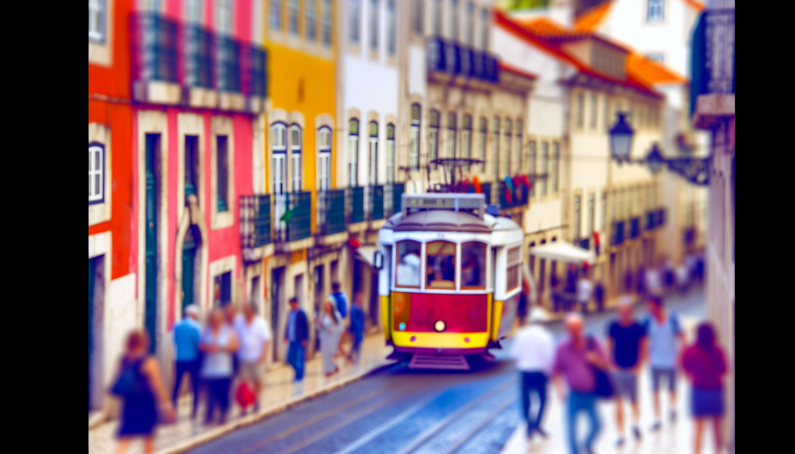 alt_text: A vibrant Lisbon street with colorful buildings, trams, and locals, inviting exploration of hidden gems.