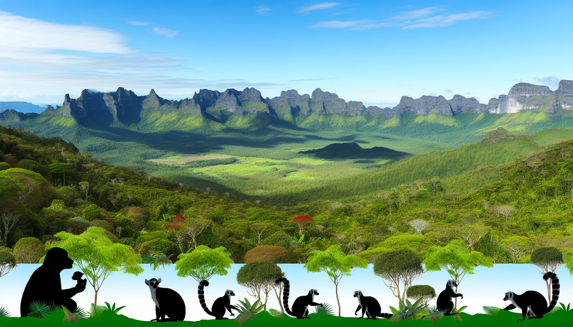 alt_text: A vibrant Madagascar landscape with rainforests, mountains, lemurs, and an explorer's silhouette.