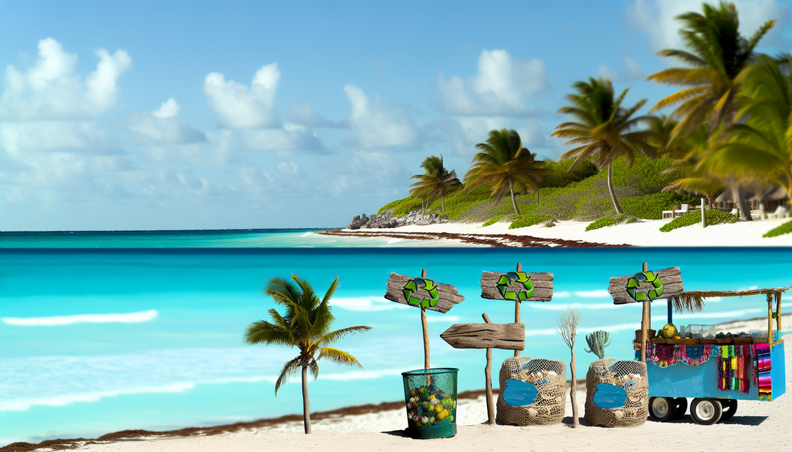 alt_text: A serene Tulum beach with turquoise waters, palm trees, eco-friendly elements, and inviting local charm.